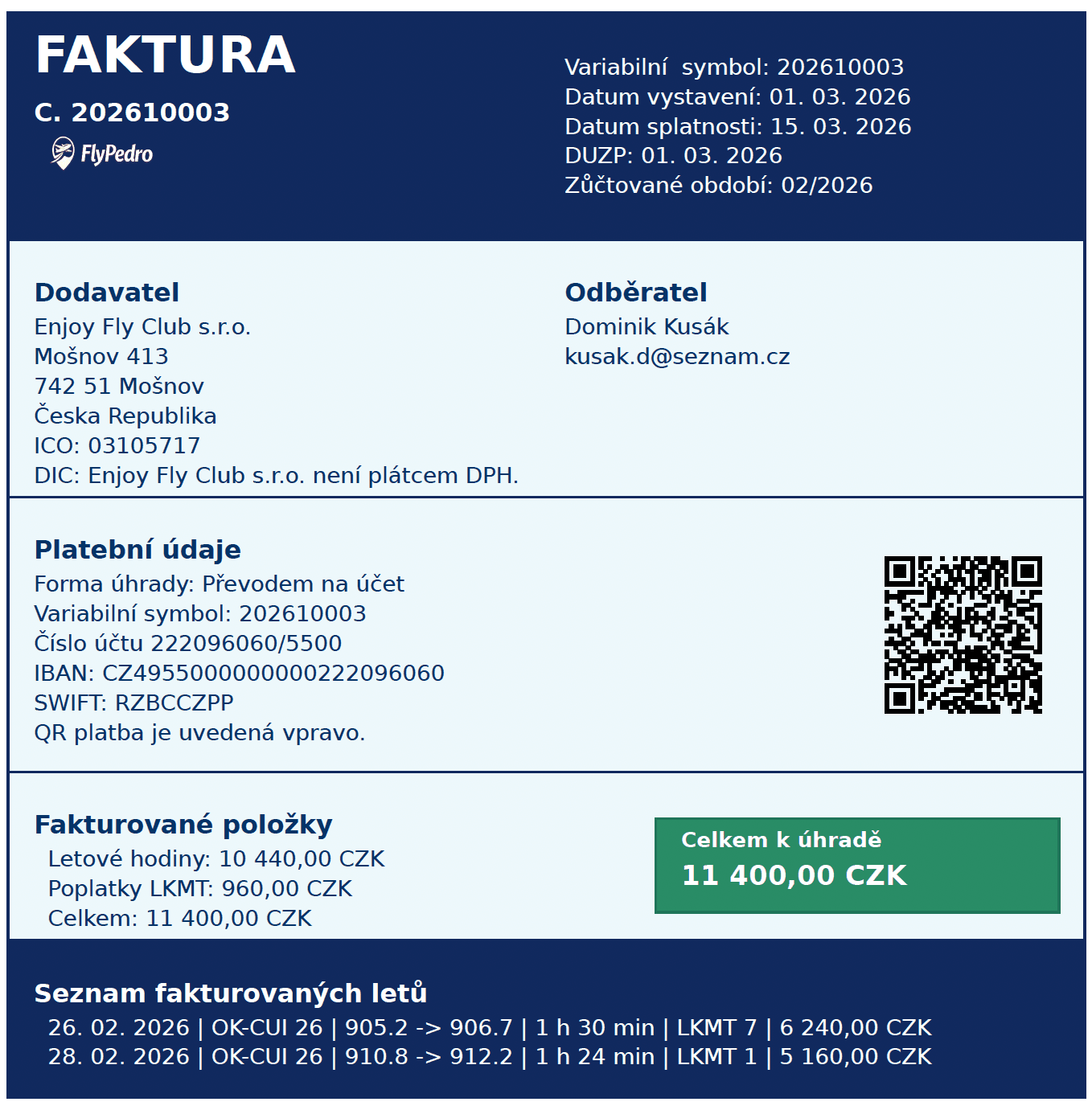 FlyPedro invoice detail screenshot