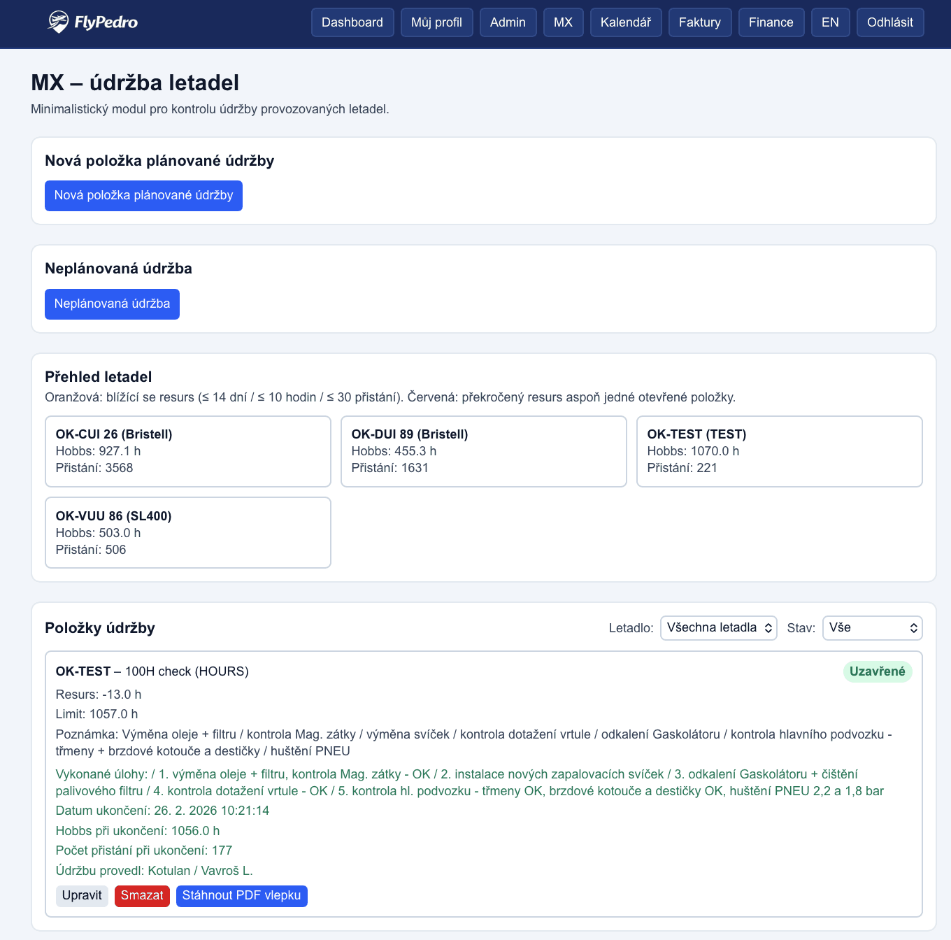 FlyPedro maintenance module screenshot